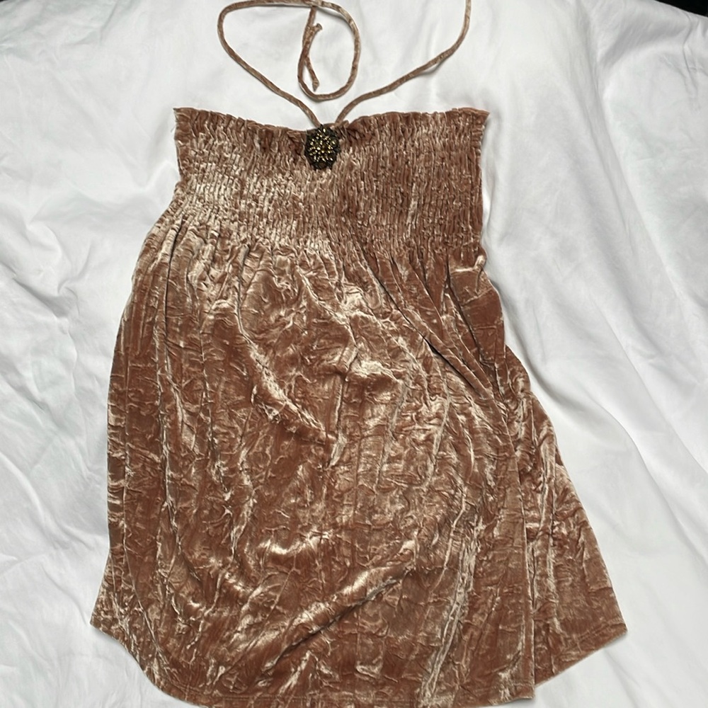 COPY - FANG crushed velvet strapless top with jeweled  Amber brooch neck tie